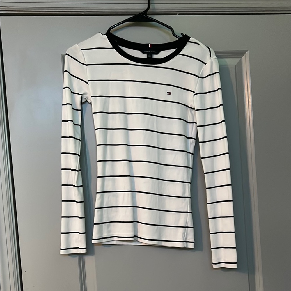 Tommy Hilfiger White and Black Fitted Long Sleeve Tee